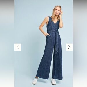 Anthropologie Pilcro Lydia Navy Denim Jumpsuit Overalls w tie waist & pockets